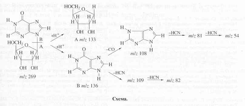 Scheme of fragmentation of inosine [O.V.Mosin]