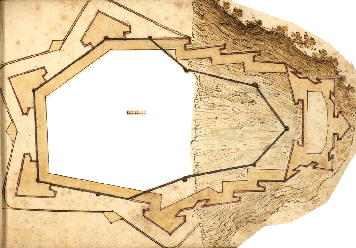 Illustration 11  Straightening of the fortress into a rectangular shape in the mountainous terrain [Giulio Parigi]